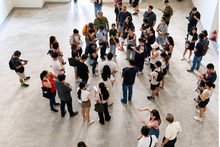 A group of clients viewed from above inside a vacant high-ceiling industrial unit